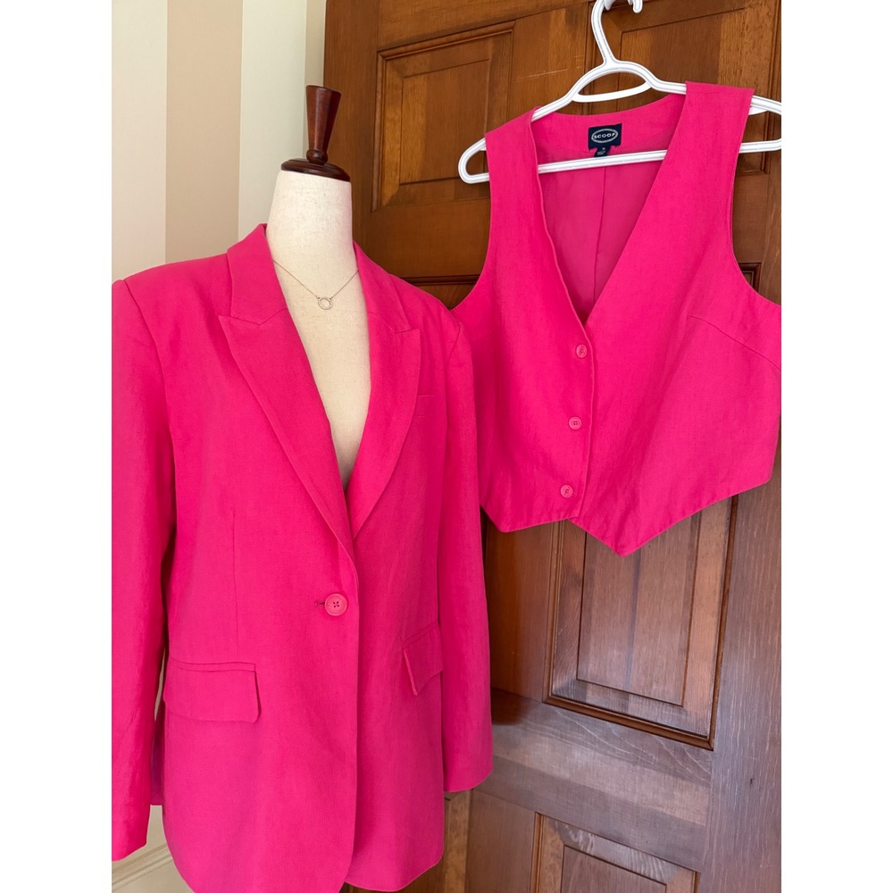 Scoop 2-PC Linen Blend Jacket Set Womens M (8-10) Fuchsia Blazer Vest Summer Duo